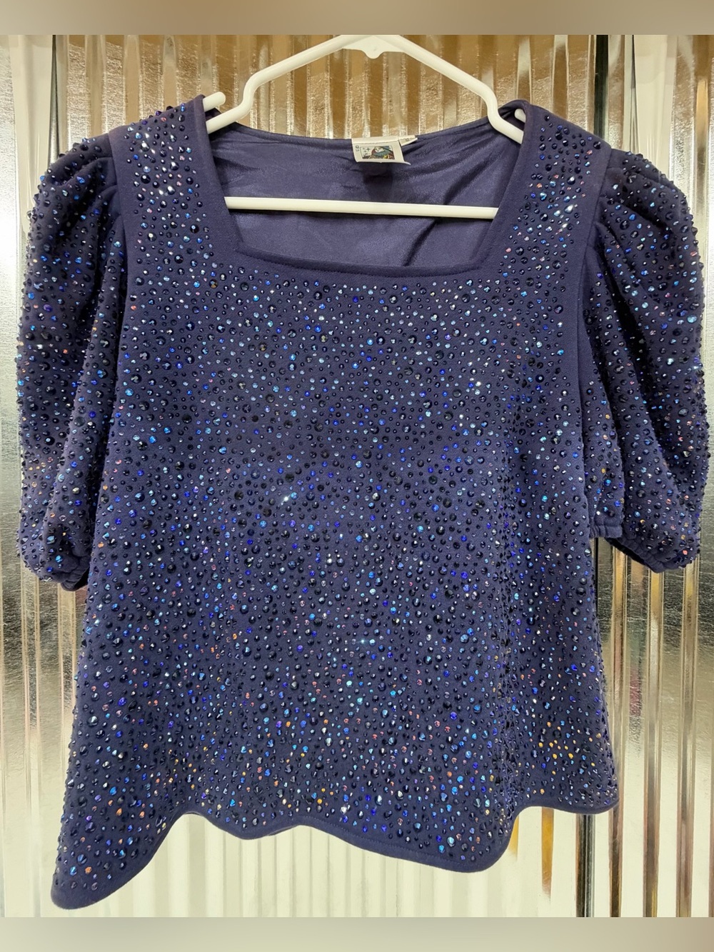 Queen of Sparkles Women’s Small Dark Blue Rhinestone Puff Sleeve Top